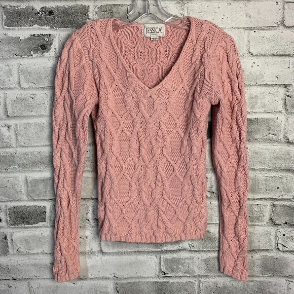 Vintage 90's Jessica Sport All Over Cable Knit V-Neck Pink Sweater - Picture 1 of 9